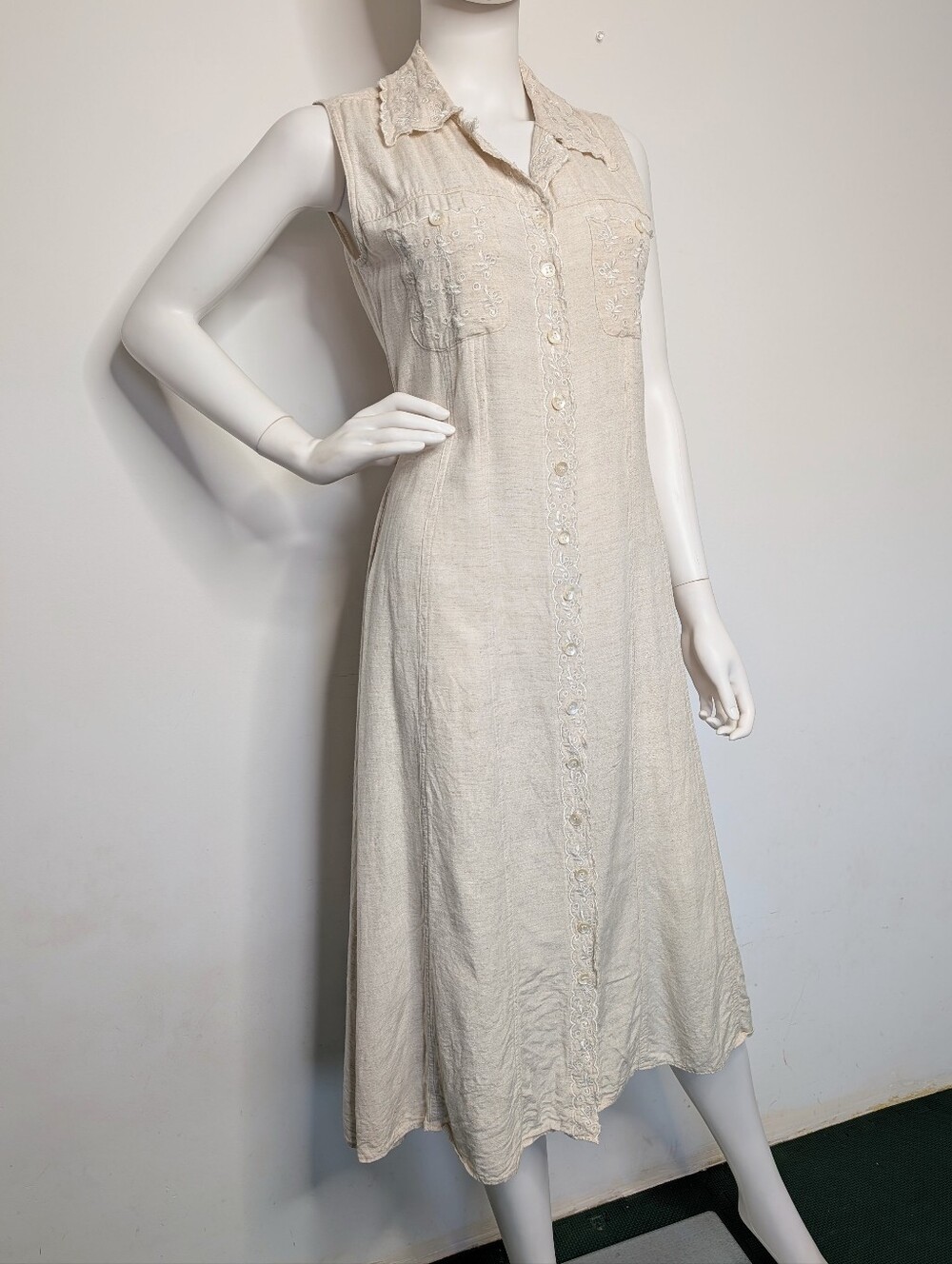 Vintage 90s Cream Color Linen Blend Button Front Sleeveless Collared Midi Dress - Picture 3 of 14